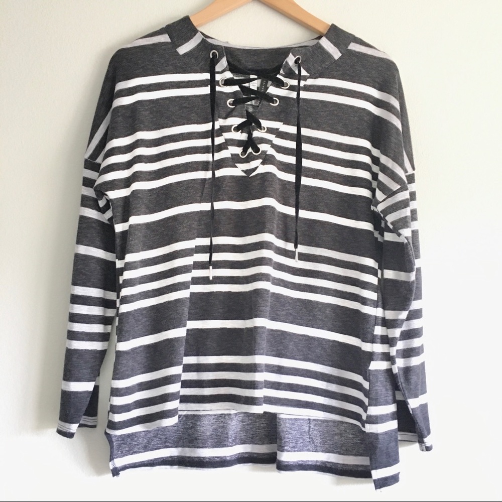 Gray and white striped long sleeve lace up v neck